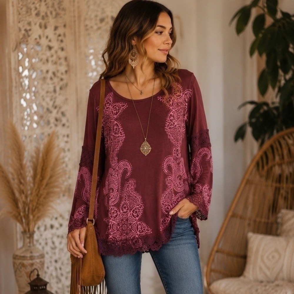 Indigo Thread Co. Medium Burgundy Batik-Look  Lace Trim Boho Top Festival